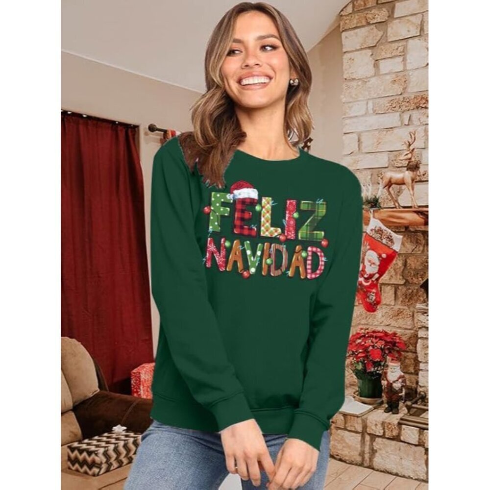 Women Christmas Sweatshirt Bright Lights Santa Feliz Navidad Mexican Holiday Top - Picture 2 of 5